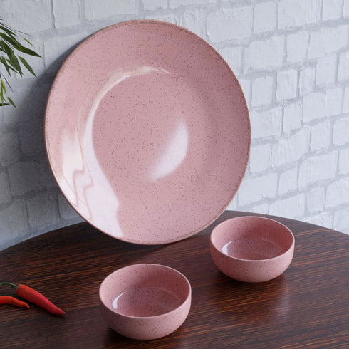Glossy Pink Ceramic Dinner Plate with 2 Serving Bowl - The Earth Store - Dinnerware